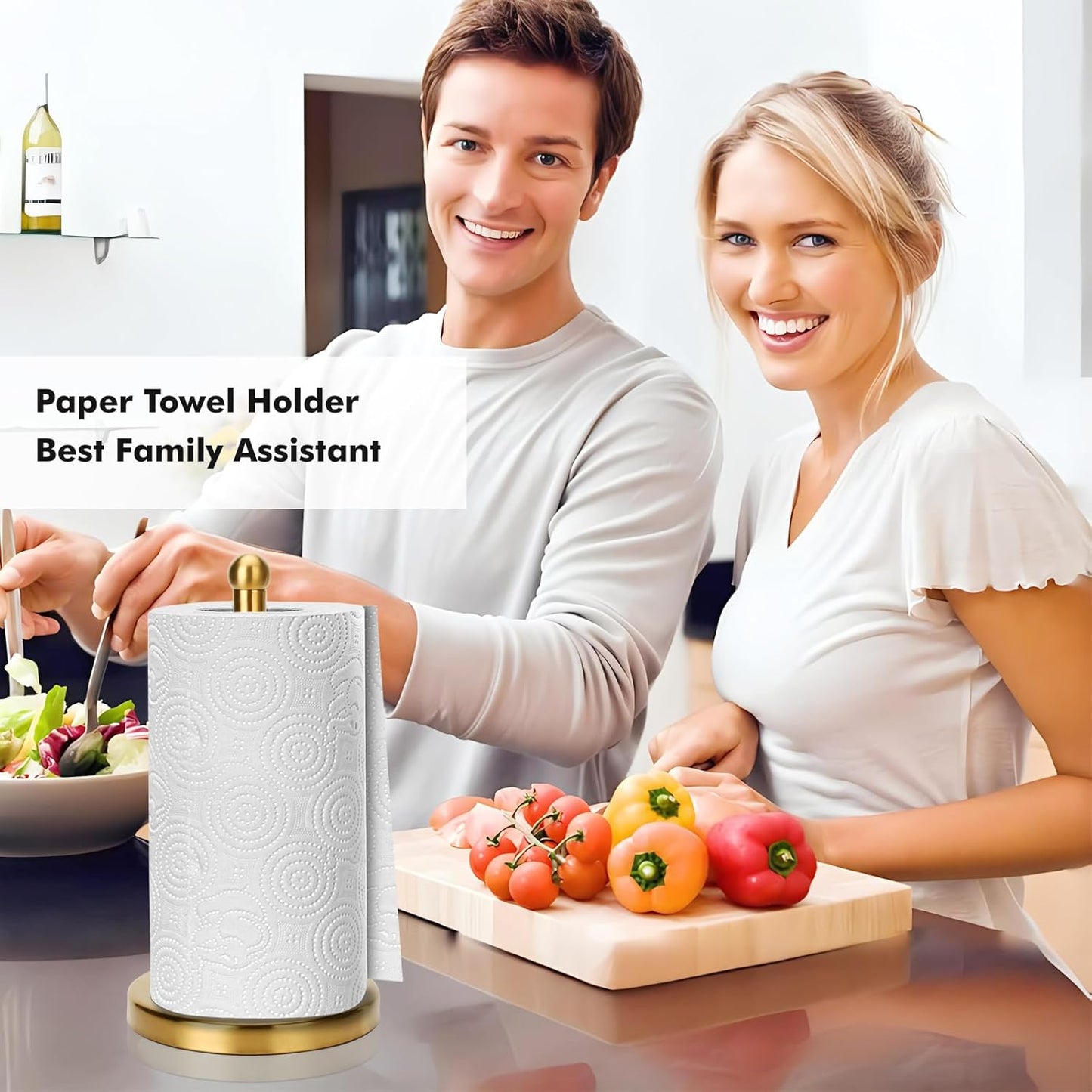 Paper Towel Holder Stand with Sturdy Base Fits Standard and Jumbo Sized Paper Towel, Paper Towel Holder Countertop (Gold)