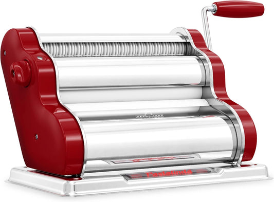 PASTALINDA Classic 260 Pasta Maker Machine, 26 cm Wide Rollers, 9 Thickness Positions, 2 Cutting Positions, Stainless Steel. Includes Reinforced Hand Crank And Two Clamps (Bordeaux)