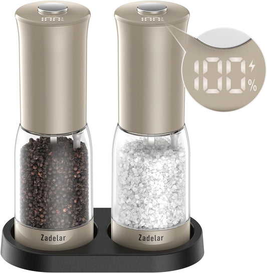 Electric Salt and Pepper Grinder Set with LED Power Display,Larger Capacity Salt and Pepper Shakers Set Rechargeable Electric with Flexible Coarsenes,LED Light,One Hand Operation for Kitchen(Khaki)