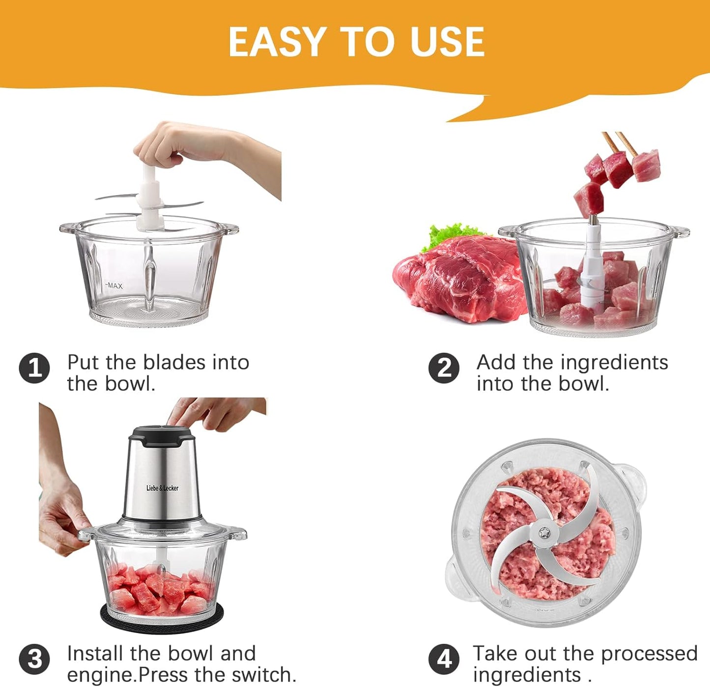 Liebe&Lecker Food Processor, Meat Grinder with 2 Bowls 8 Cup and 8 Cup, Food Chopper Electric Vegetable Chopper with 4 Large Sharp Blades for Fruits, Meat, Vegetables, Baby Food, Nuts, 2 Speed.