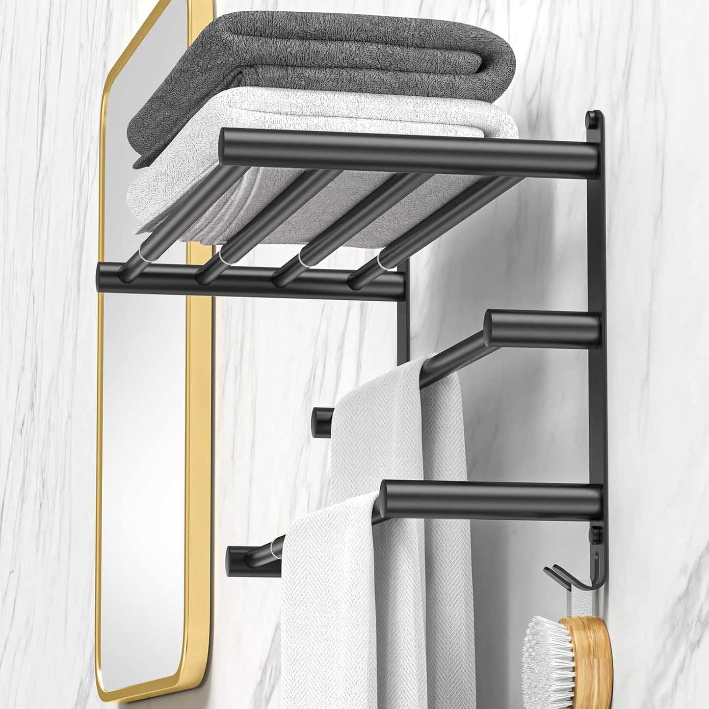 Adjustable Towel Bar for Bathroom Wall Mount17-30.7inch Adhesive Shower Towel Rack Stainless Steel Bath Towel Holders for Toilet Kitchen Double Towel Hanger (Black 3-Layer Towel Rack)