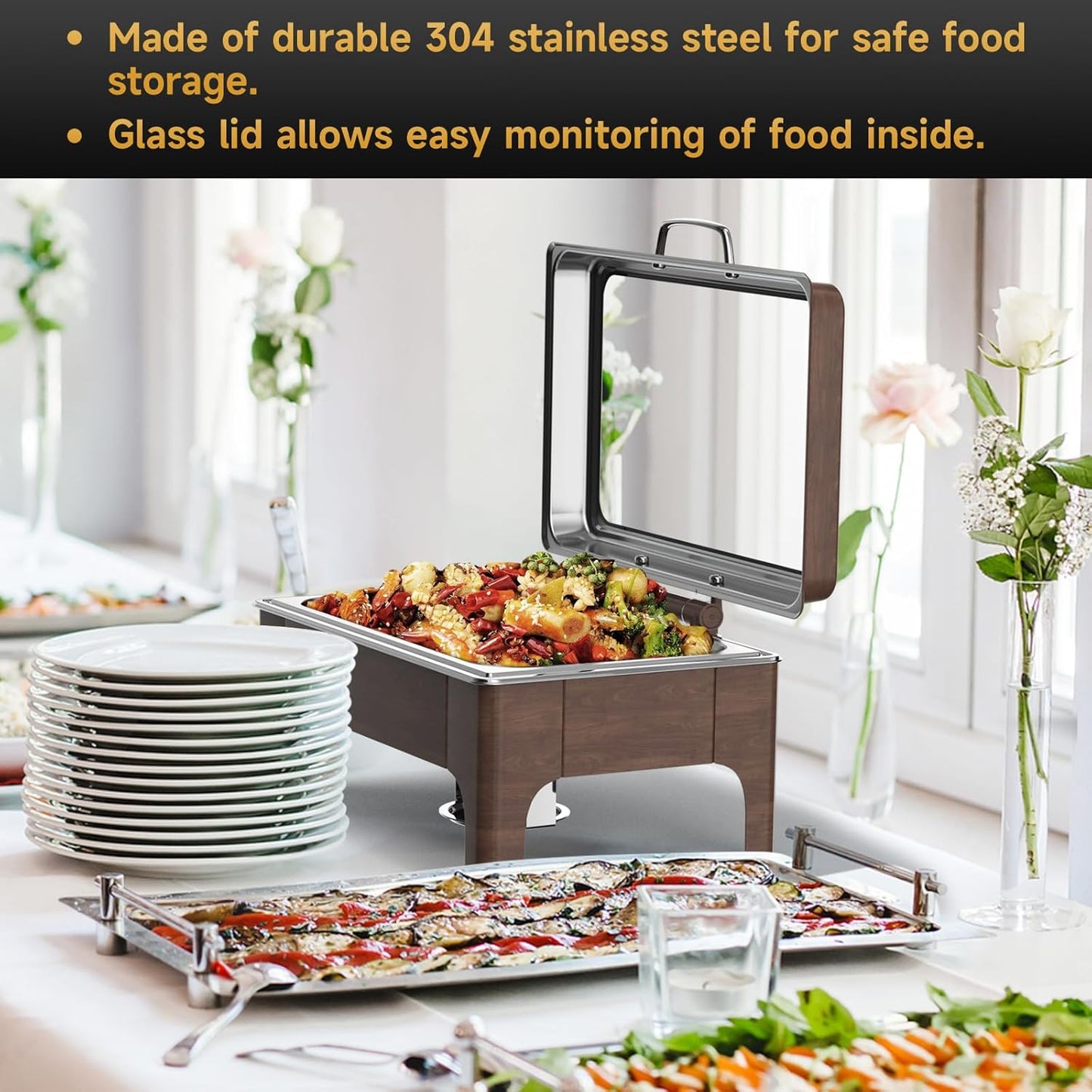 Chafing Dishes for Buffet, 9.5QT Square Stainless Steel Chafing Dish with Transparent Hydraulic Lid, 304 Food Pan, Buffet Warmer for Parties and Events (Wood Color)