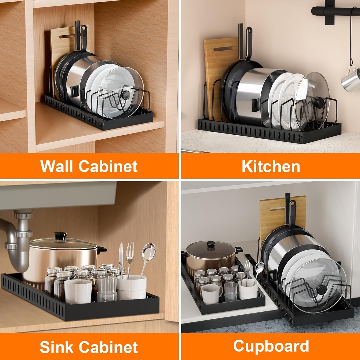 Pots and Pans Organizer for under Cabinet Pull Out Cabinet Organizer Sliding Pot and Pan Organizer in Kitchen, Cabinet Pull Out Shelves, for Pots, Lids and Pan Organizer with Two Types of Shelves