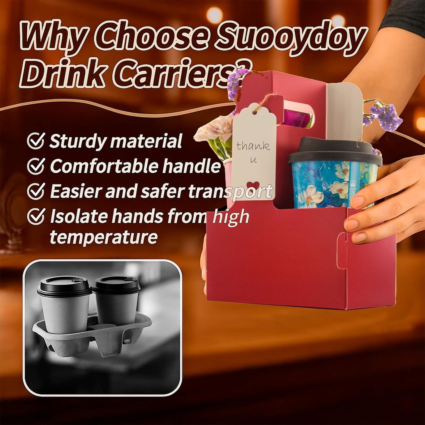 10 Pack 2 Cup Disposable Drink Carrier with Handle Paperboard Coffee Cup Holder Portable for Hot Cold Drinks Food Delivery Services with Heart Card for Teacher Appreciation Week Mother's Day