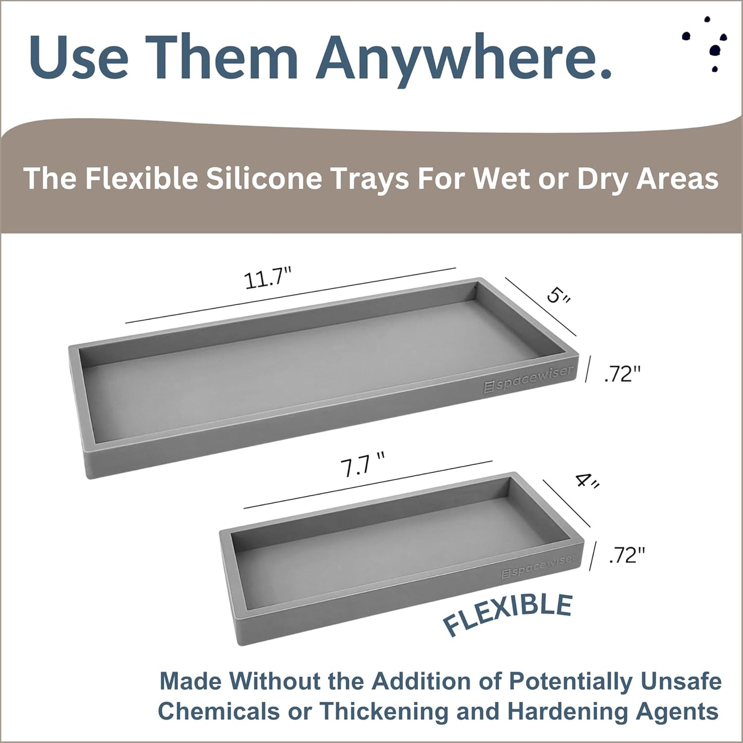 Countertop and Vanity Tray - 2 PC (11” and 7”) Shatterproof Silicone Kitchen and Bathroom Trays for Counter, Kitchen Soap Dispenser Tray, Vanity Trays for Bathroom, Perfume Key Tray