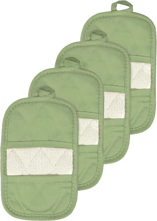 Ritz Premium Pot Holders & Heating Pads (4-Pack), 8.5" x 5.5", Heat Resistant, 100% Cotton Terry-Looped Pocket, for Kitchen and Barbeque, Cactus Green