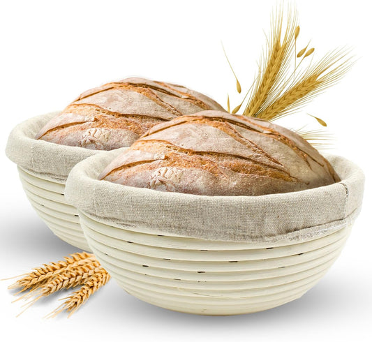 Banneton Bread Proofing Basket Sourdough Proofing Basket for Beginners & Professional Bakers, Handwoven Rattan Cane Bread Maker with Linen for Artisan Breads, 8.5 x 3 In, 1-Lb Round - Set of 2