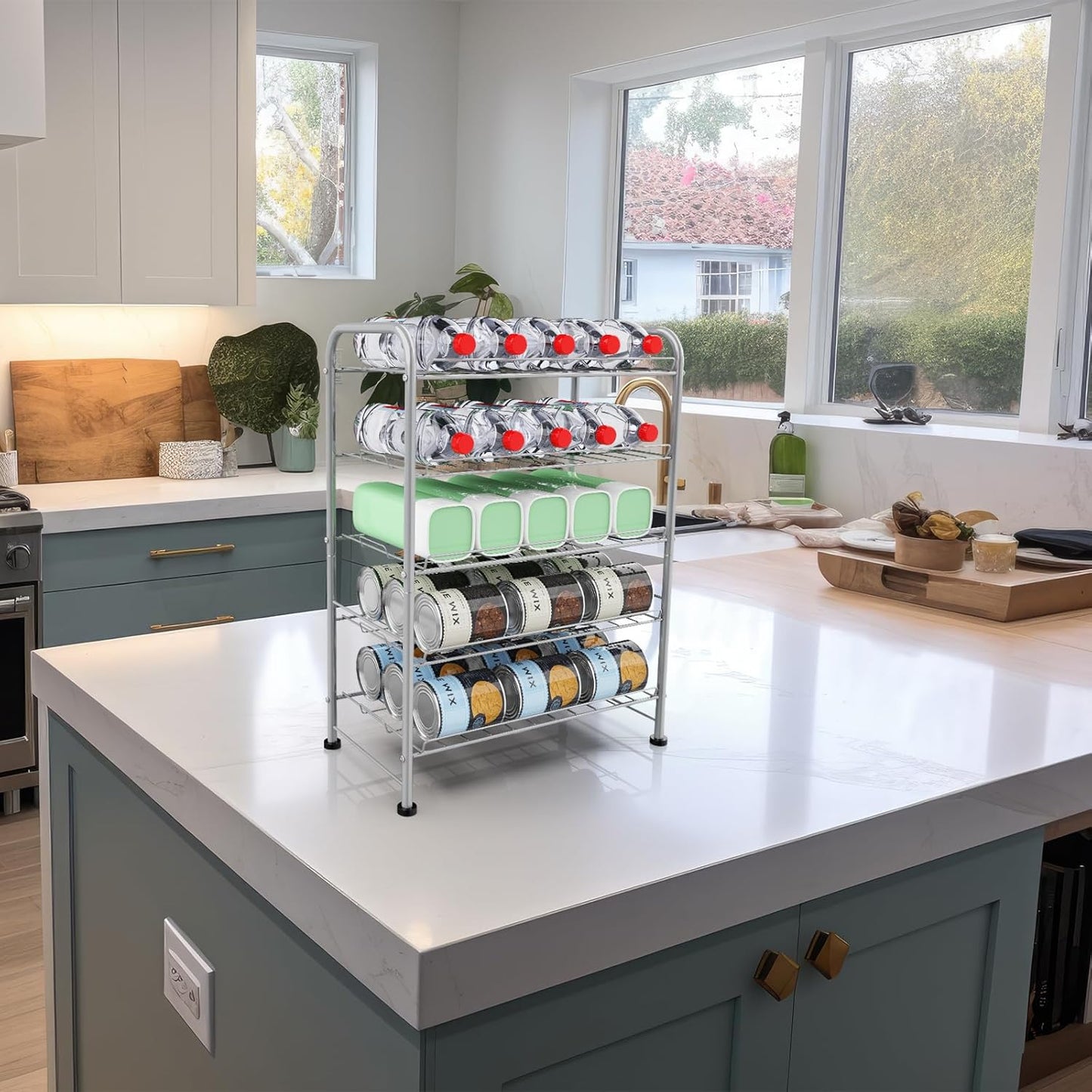 Water Bottle Holder Organizer 5 Tier Water Bottle Storage Rack, Freestanding Floor Beverage Soda Can Dispenser Organizer Rack for Pantry, Kitchen Countertop, Cabinet, Office, Hold 30 Bottles, Silver