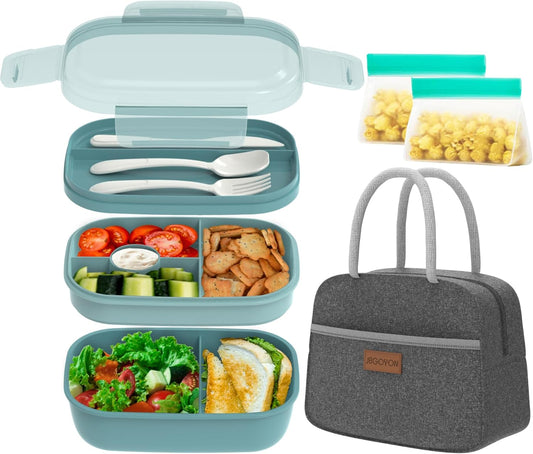 JBGOYON® Bento Lunch Box for Adults, Kids, Men, and Women – Includes Stackable Lunch Containers and Lunch Bag, Perfect for Boys and Girls, Microwave Safe and BPA-Free（Green ）
