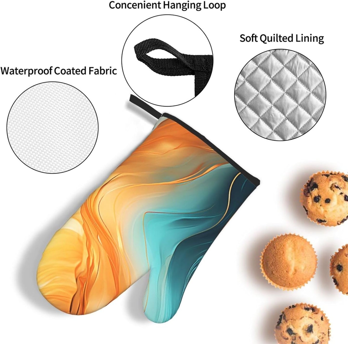 Orange Teal Marble Oven Mitts and Pot Holders Sets of 3 Kitchen Hot Pads Modern Oven Gloves Heat Resistant Washable for Cooking Grilling Baking Holiday Kitchen Decor