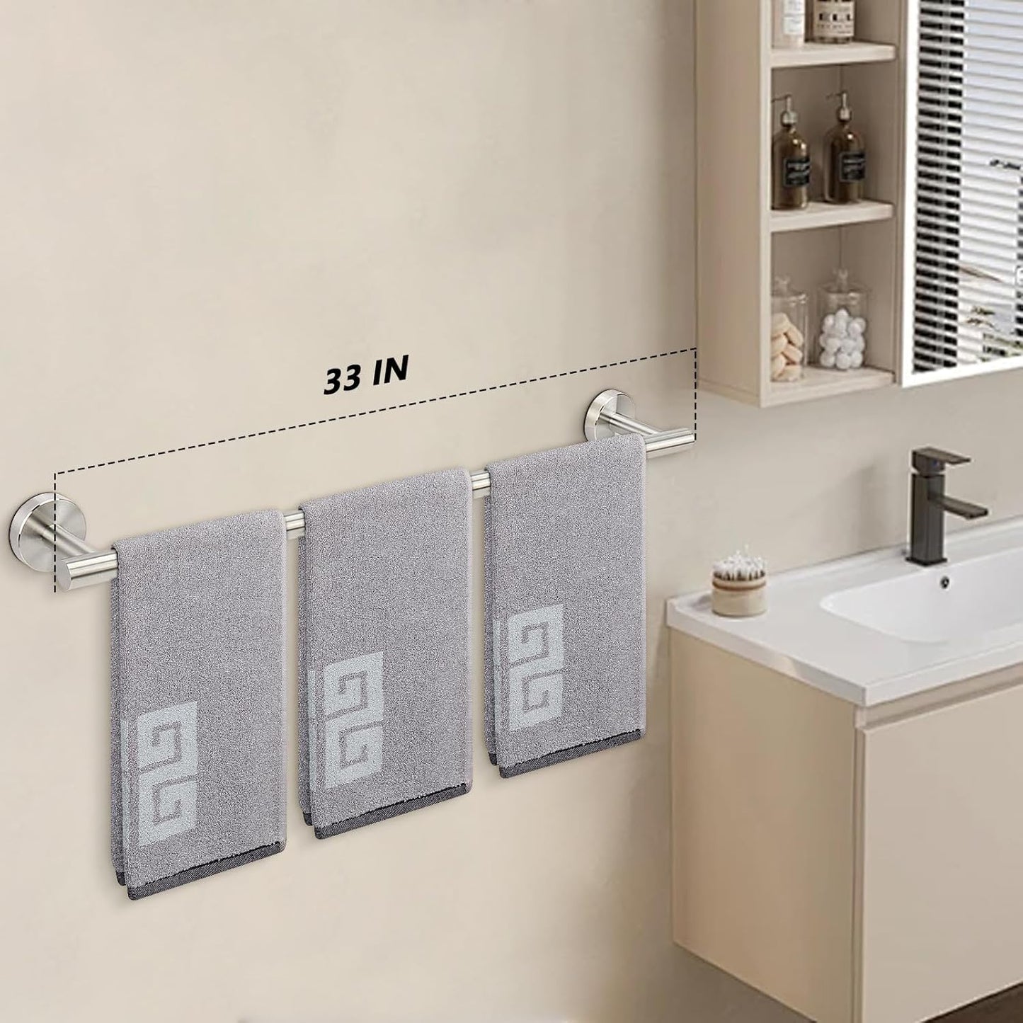 NearMoon Bath Towel Bar, Bath Accessories Thicken Stainless Steel Shower Towel Rack for Bathroom, Towel Holder Wall Mounted (1 Pack, Brushed Nickel, 33 Inch)