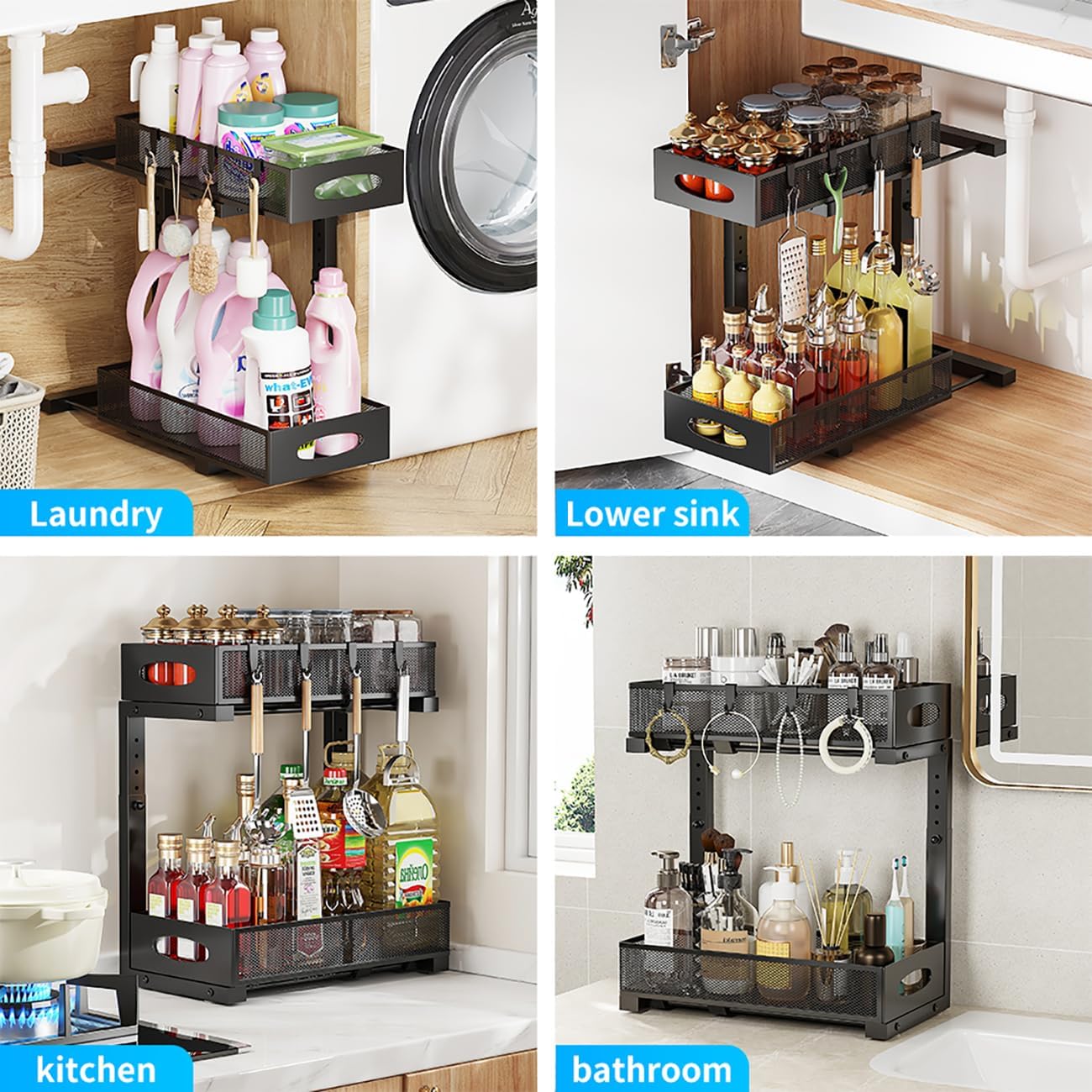 2-Tier Under Sink Organizer with Pull-Out Mesh Drawers, Adjustable Height Cabinet Storage for Kitchen/Bathroom/Laundry, Space-Saving Sliding Shelves (Black)