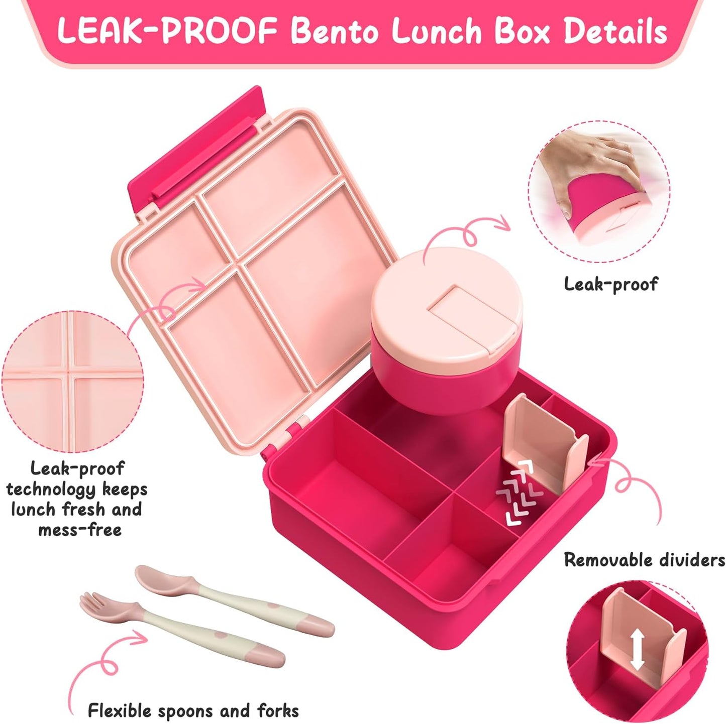 Bento Lunch Box with 8oz Soup Thermo, Leak-Proof Lunch Containers with 4 Compartment, Thermo Hot Food Jar and Insulated Lunch Box for School Pink