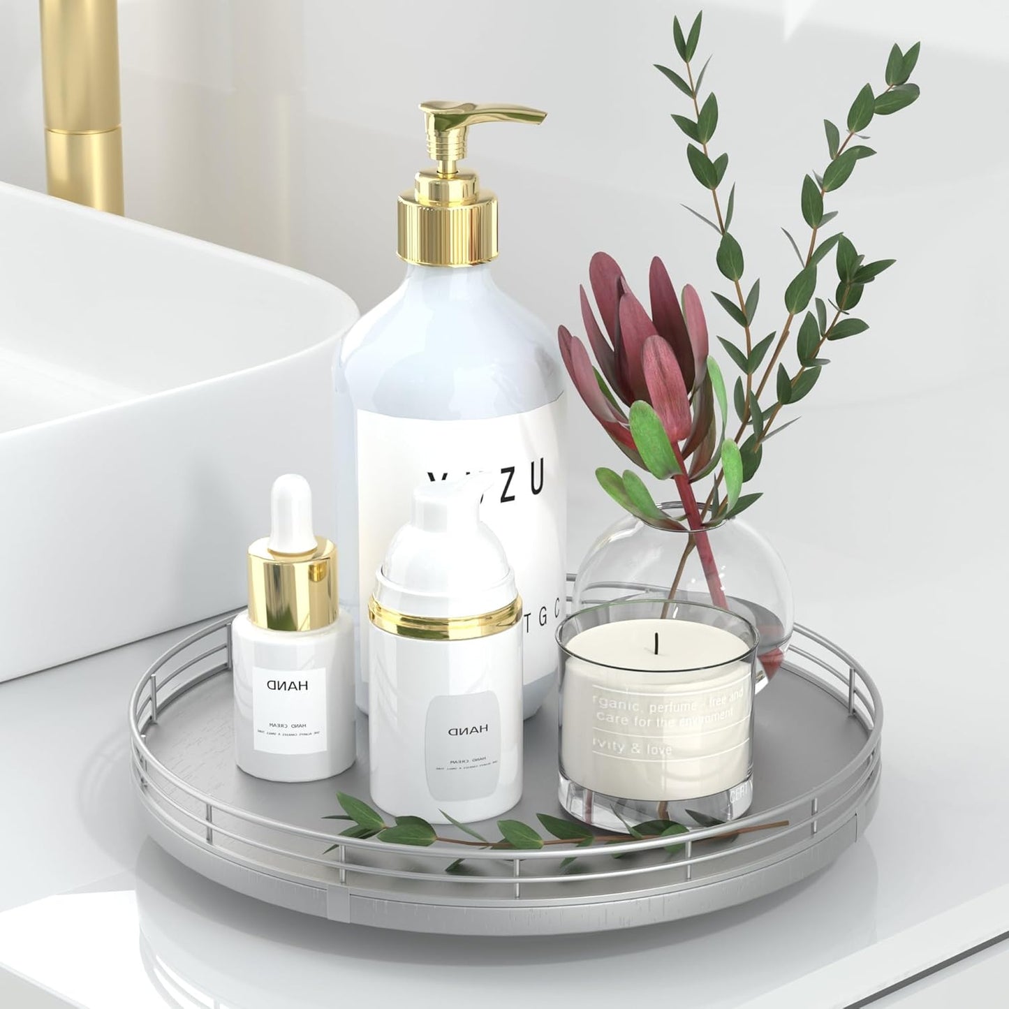 10" Silver Lazy Susan for Table Top, Oak Wood Lazy Susan Turntable Organizer for Dining Coffee Table Centerpiece Bar Decor Kitchen Countertop Bathroom Vanity Decorative Tray for Perfume Jewelry Round