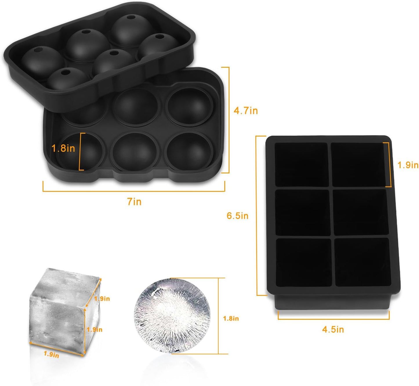 Ice Cube Trays (Set of 2), Sphere Ice Ball Maker & Square Large Ice Cube Molds, Freezer Molds for Whiskey, Cocktails, Homemade Drinks‌‌-Reusable & BPA Free