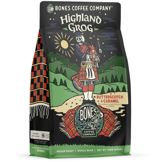 Bones Coffee Company Highland Grog, Butterscotch Caramel Flavored Coffee, Medium Roast Low Acid Arabica Beans Compatible with Auto drip and French Press Coffee Maker, 12 Oz Whole Bean
