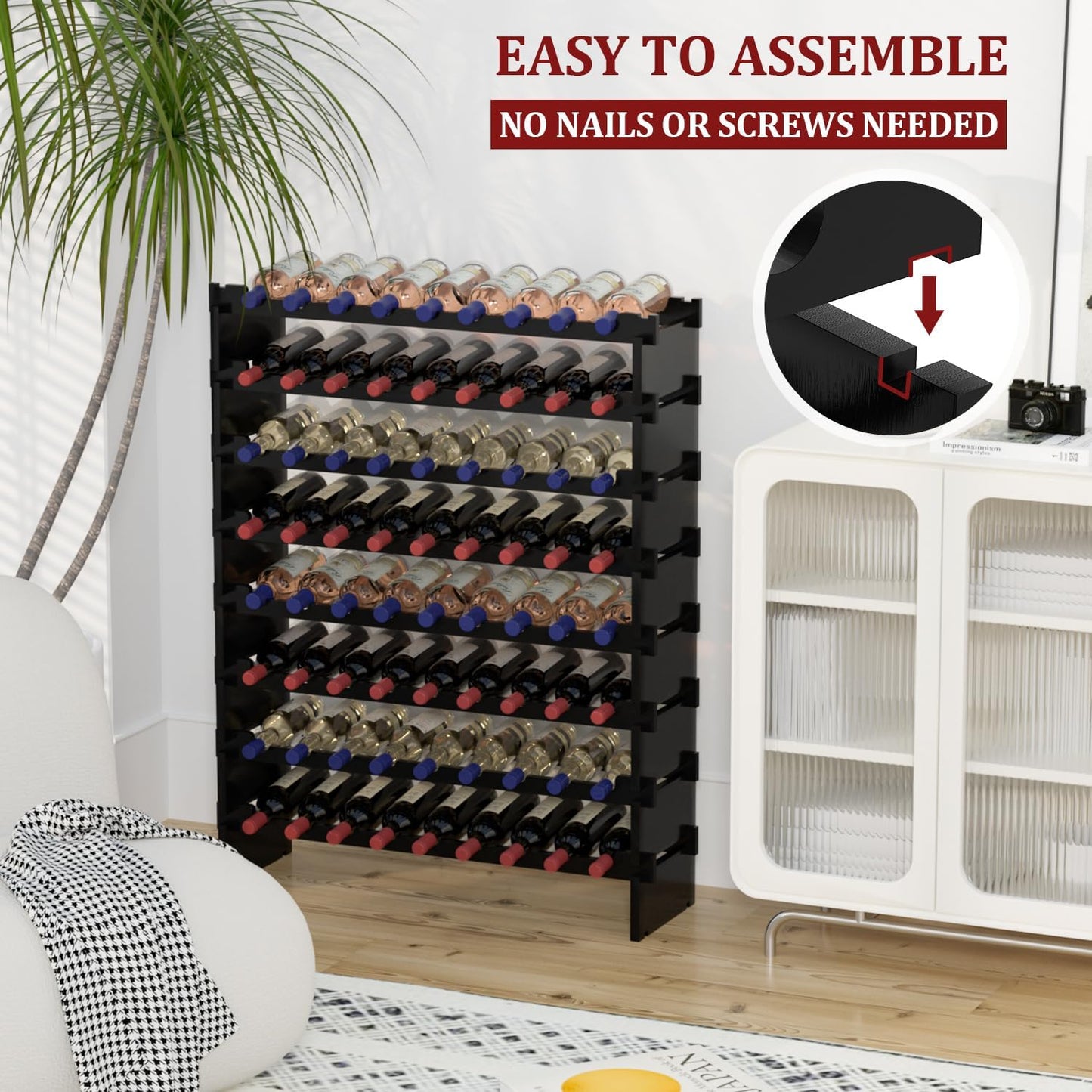 Domax Wine Rack Freestanding Floor - 8 Tiers Wine Bottle Holder 72 Bottle Stackable Bamboo Wooden Storage Racks Shelves for Kitchen, Bar, Pantry and Cellar (Black)