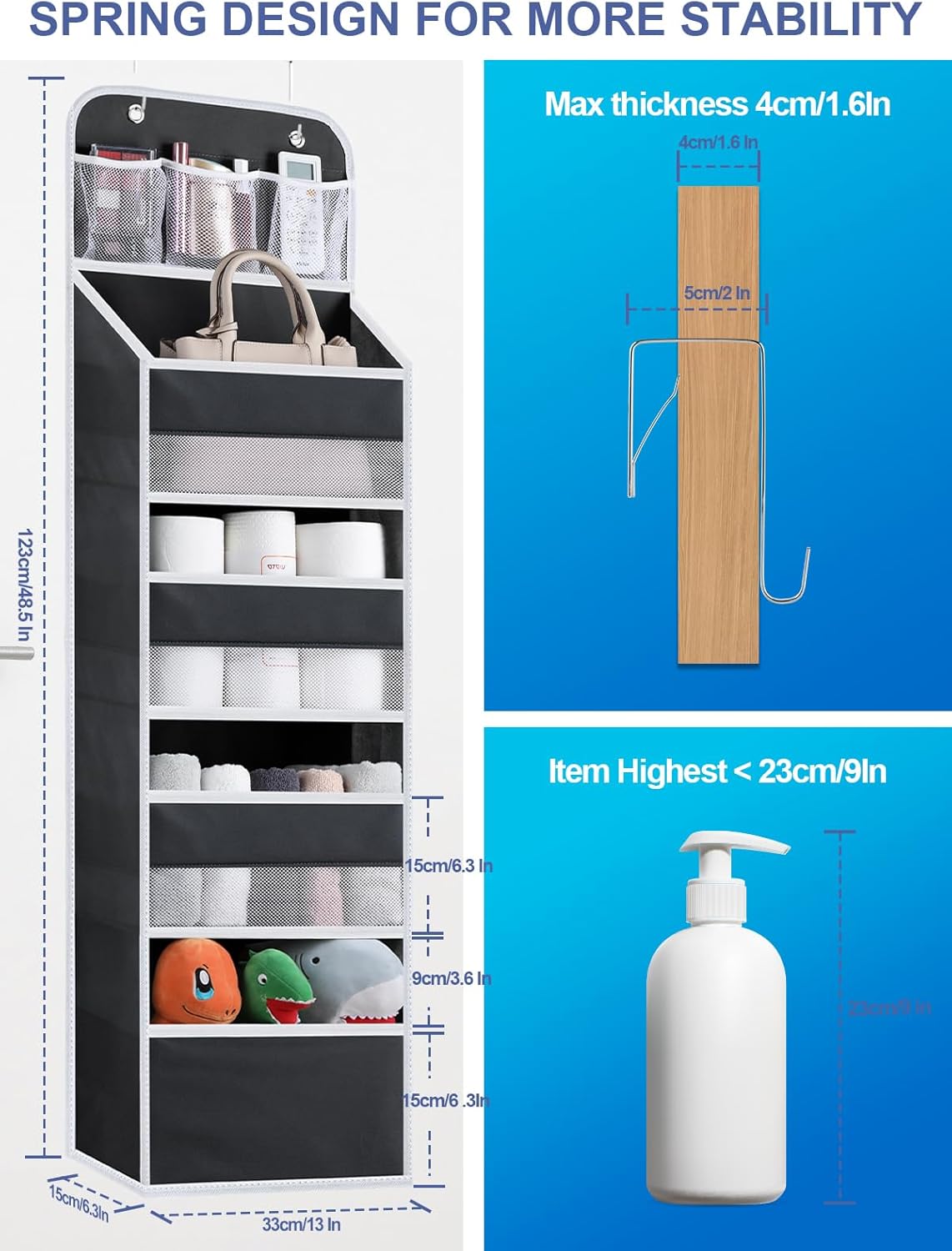 2 Pack Over The Door Organizer, Hanging Storage Organization with Large Capacity Pockets, Swing-Proof Behind Door Storage Shelf for Kicthen Bedroom Nursery Kids Toys Shoes,Black