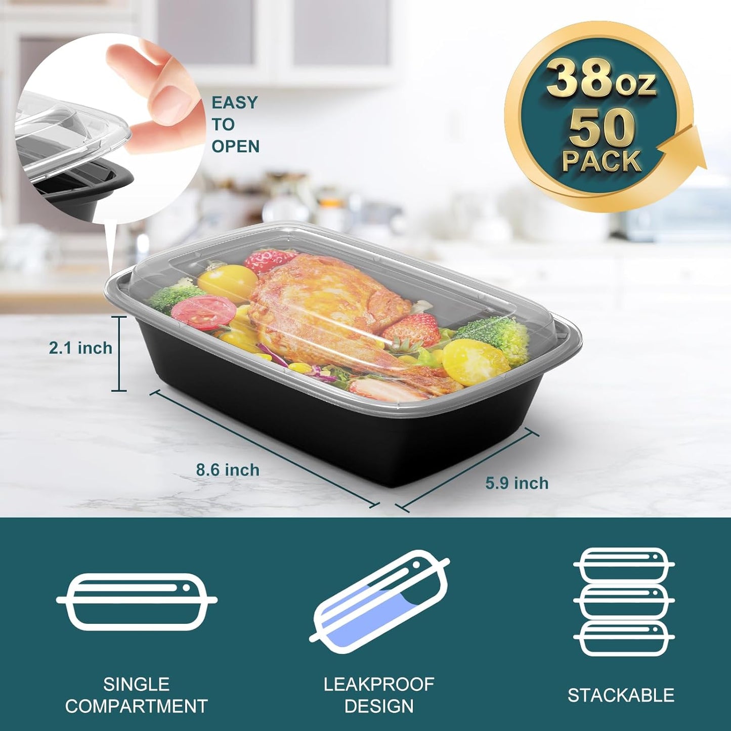 WGCC Meal Prep Containers, 50Pack [38OZ] Food Storage Containers With Lids, Reusable Food Prep Containers, To Go Containers With Lids, BPA-free, Stackable, Microwave/Dishwasher/Freezer Safe