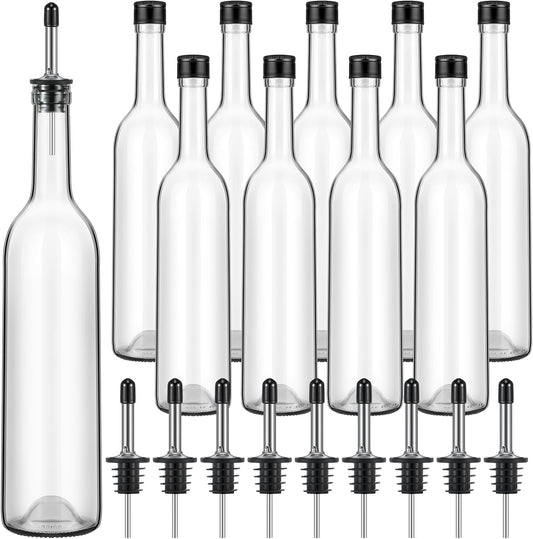 Maxdot 10 Pcs Long Neck Glass Bottles with Pourer Bordeaux Wine Bottle Clear Empty Wine Syrup Juice for Home Bar Liquor Juice Making Wedding Anniversary Party(Stainless)