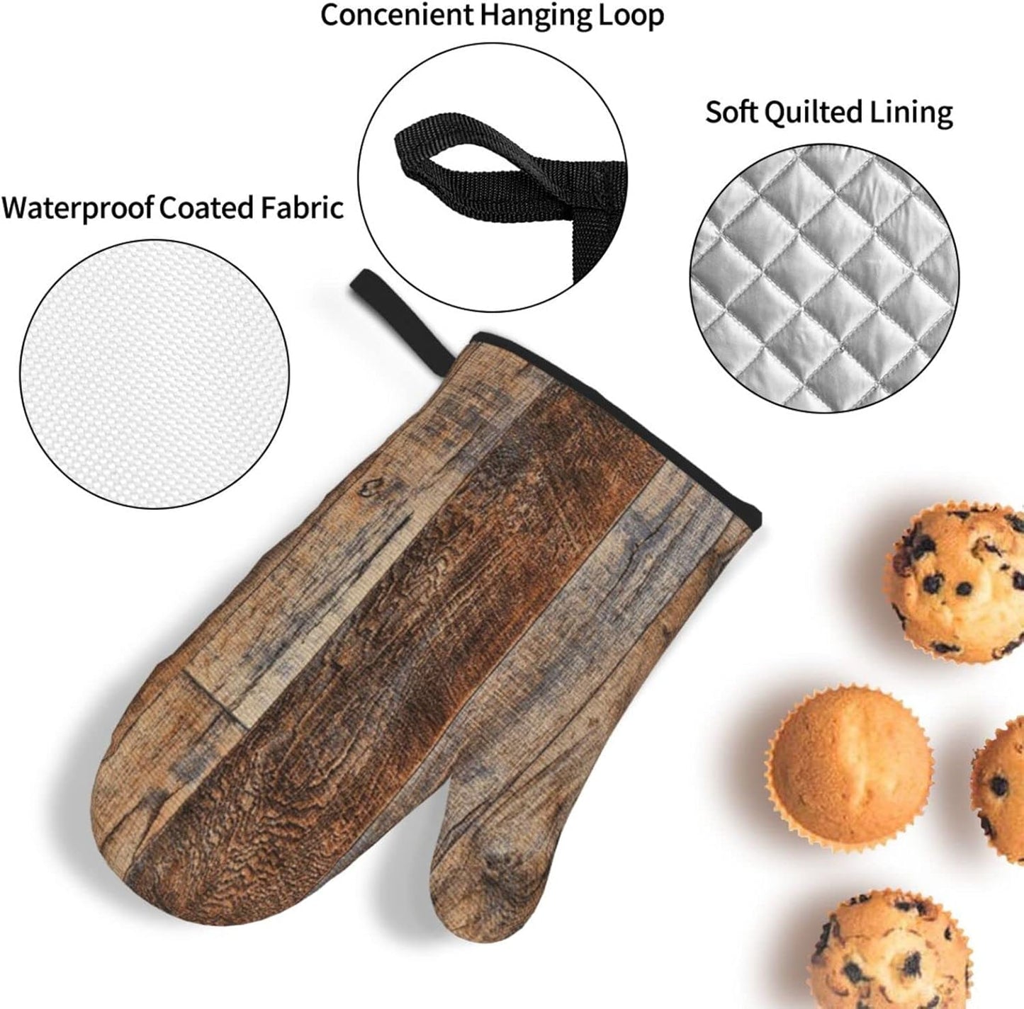 Oven Mitts and Pot Holders Sets of 4,Vintage Brown Wood Splicing Pattern,Oven Mitts Heat Resistant Oven Gloves Set Potholders for Kitchen Baking Grilling