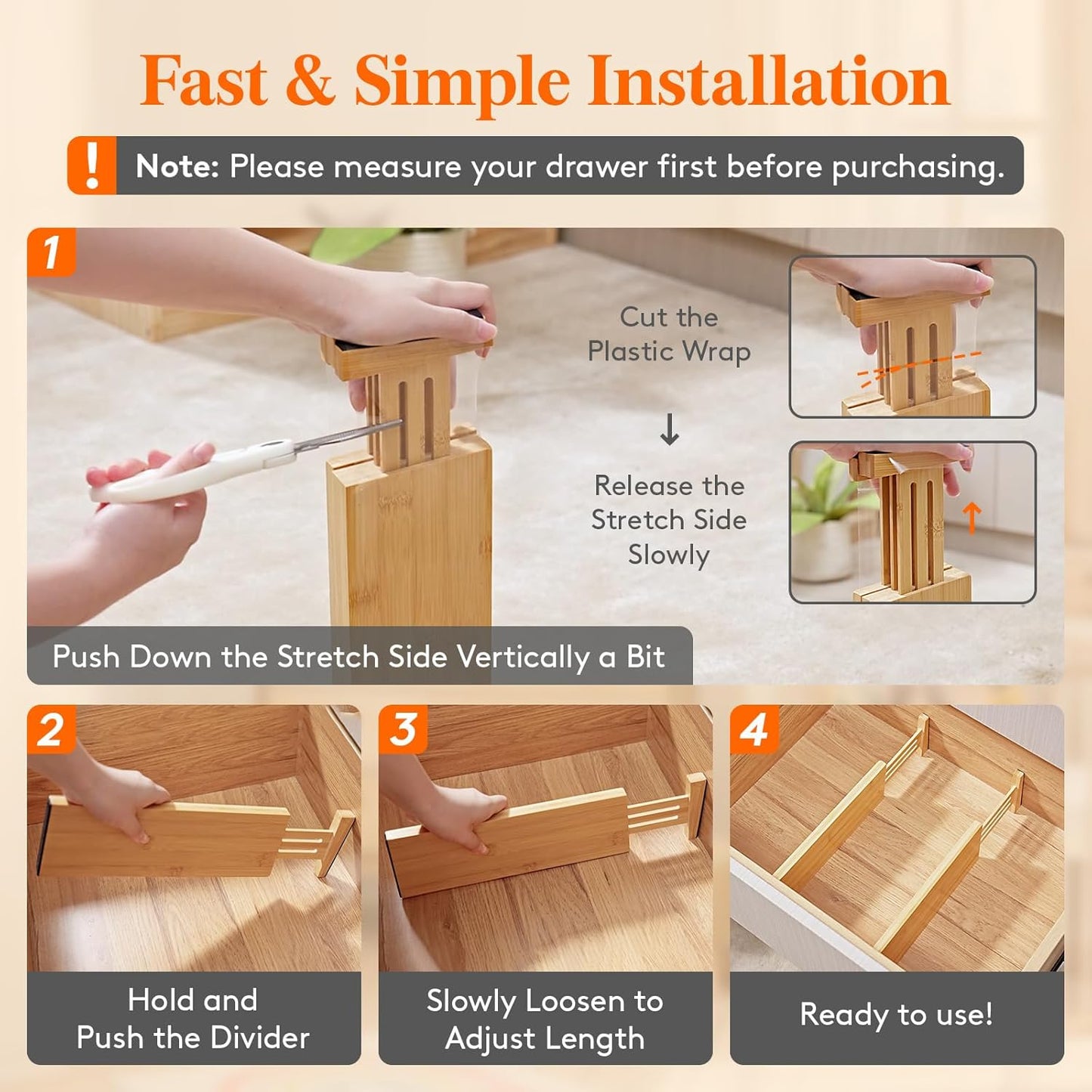 Lifewit 4 Pack Drawer Dividers Bamboo 4" High, 12-17" Adjustable Drawer Organizers for Clothes, Expandable Dresser Separators in Bedroom/Bathroom/Kitchen/Fridge/Office Organization and Storage