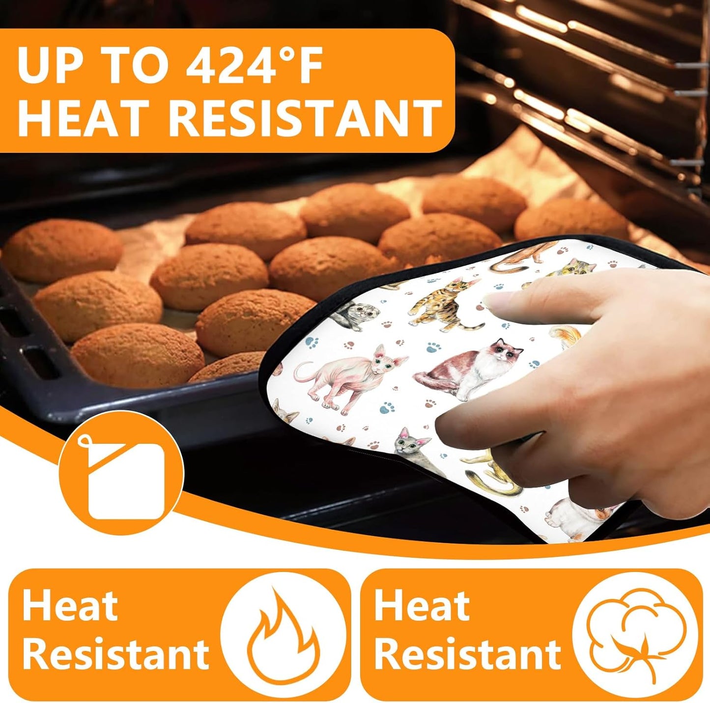 Cute Cats Oven Mitts and Pot Holders Sets 4Pcs,Extra Long Oven Gloves Potholder for Kitchen Cooking Baking BBQ 100% Cotton Heat Resistant