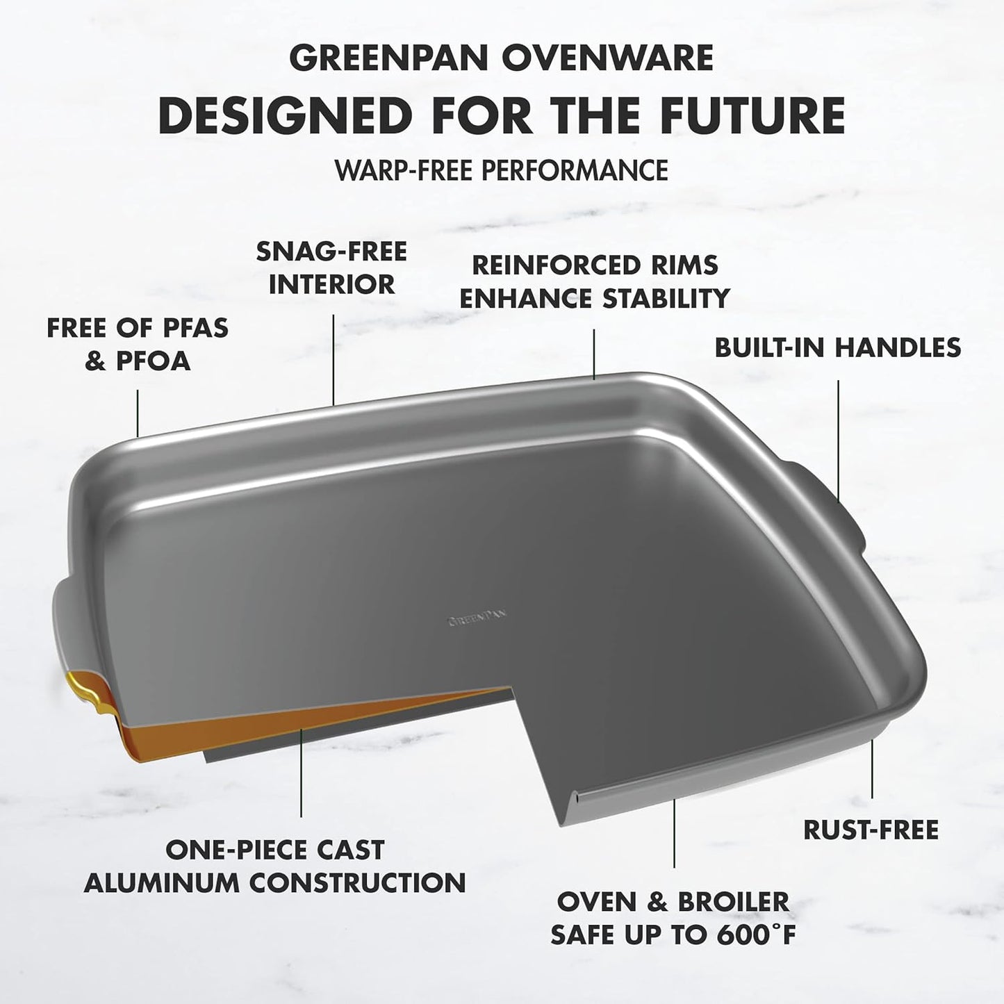 GreenPan Premiere Ovenware Healthy Ceramic Nonstick 13" x 9" Rectangular Baking Pan, Cast Aluminum Bakeware, Warp-Free, Oven and Broiler safe to 600F,Dishwasher Safe, PFAS-Free, Gray