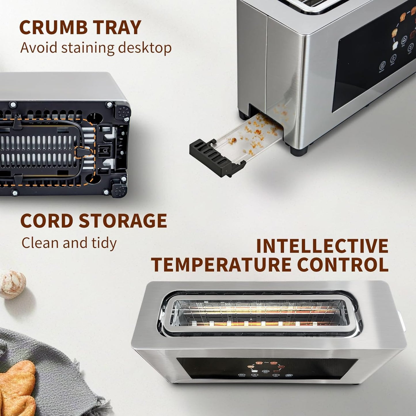 Touch Screen Toaster with LCD Display, Slim Toaster 2 Slice - Long 10" Slot for Baguettes & Extra Wide 1.6" Slot, 6 Browning Levels, 1200W, Space Saving