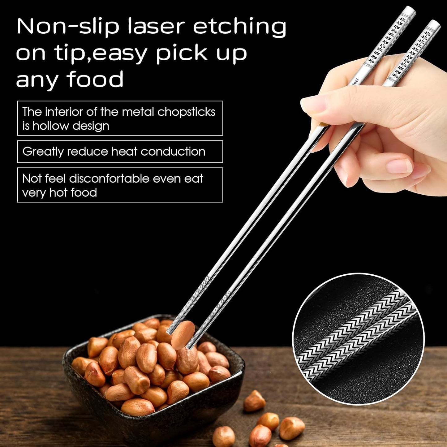8 Pairs Metal Chopsticks Reusable 18/10 Stainless Steel Chopsticks Set Cute Laser Engraved Non-slip Japanese Korean Chinese Chopstick for Cooking Eating Dishwasher Safe 9.25" Chop Sticks Gift Set
