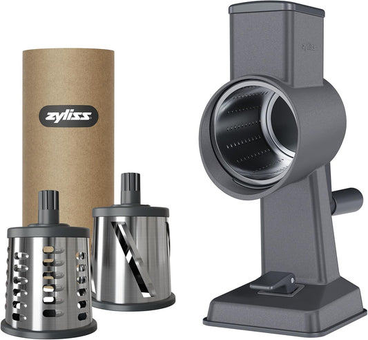 Zyliss Rotary Cheese Grater, Aluminium, 3 Steel Drum Blades, Cheese, Vegetable, Chocolate, Nut, Fruit Grater with Handle, Non-Slip Suction Foot and Table Clamp, 5 Year Guarantee