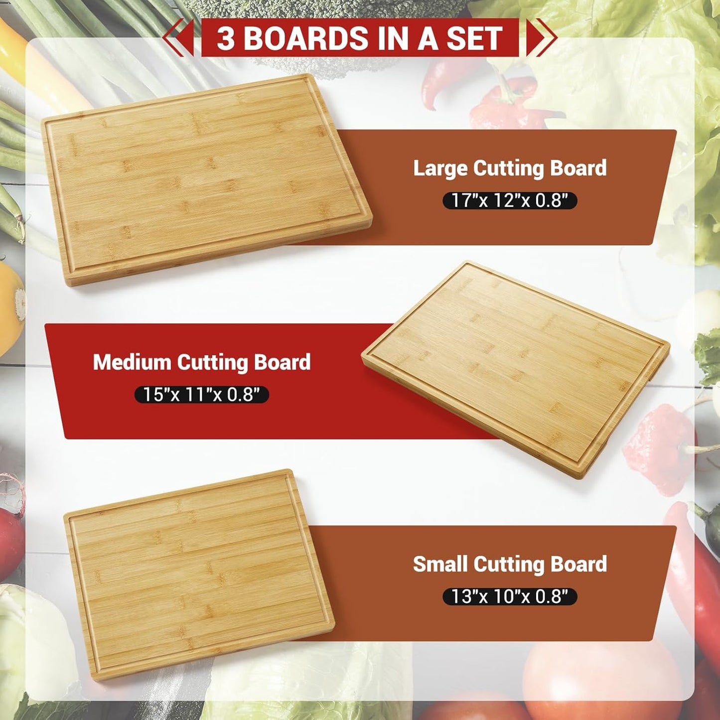 Cutting Board for Kitchen, Bamboo Cutting Boards For Kitchen Meal Prep & Serving - Bamboo Cutting Board Set with Holder, Charcuterie & Chopping Board