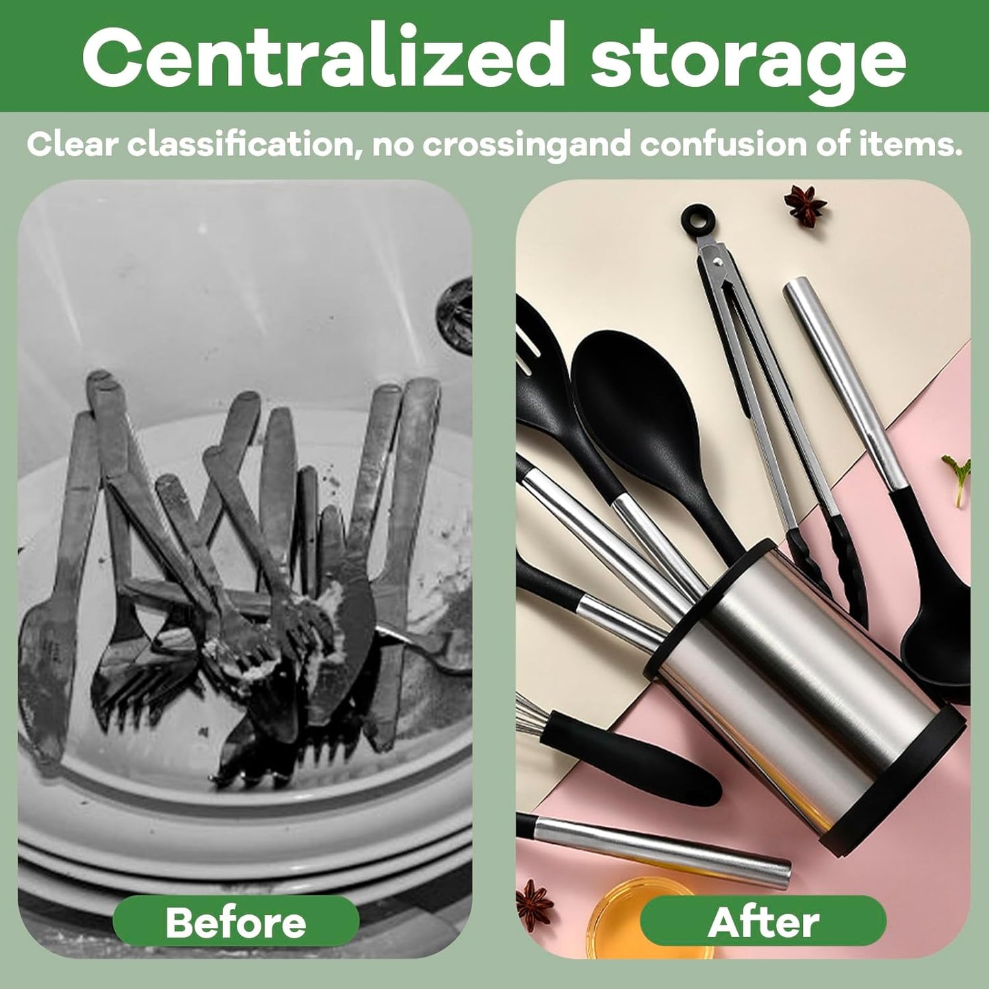 Kitchen Utensil Holder for Countertop, 360°Rotating Cooking Utensil Crocks，4 Compartment Stainless Steel Utensil Holder,6.7”Large Utensil Crock Spoon Fork Knife Holder For Kitchen Counter