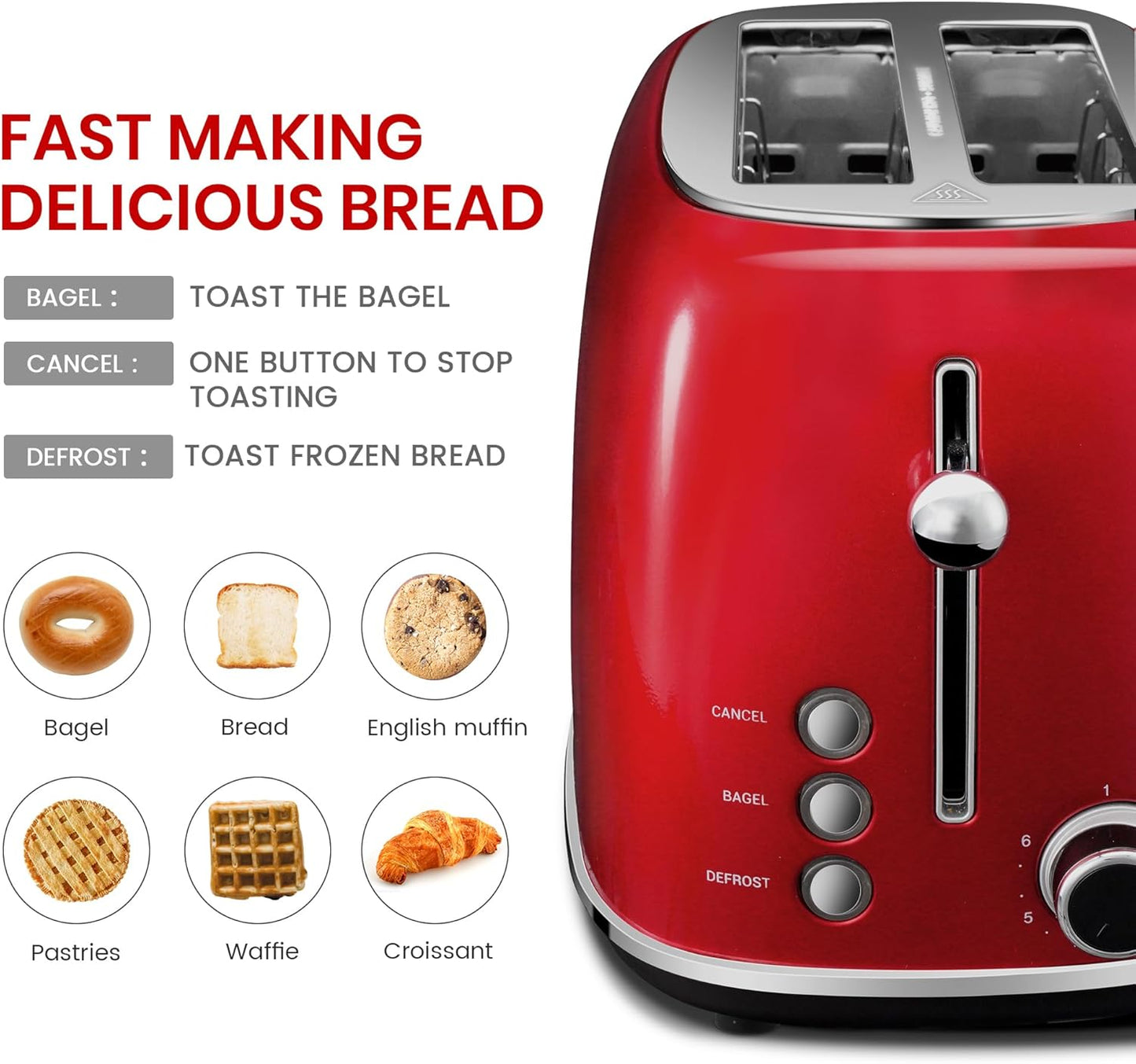 2 Slice Toaster Retro Stainless Steel with Bagel, Cancel, and Defrost Functions, 6 Bread Shade Settings, Extra Wide Slots and Removable Crumb Tray, Red