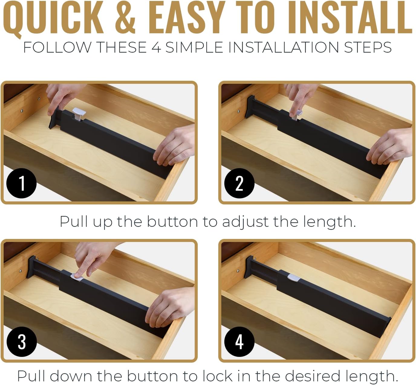 RAPTUROUS Adjustable Drawer Dividers 4 Pack, 4” High, 11-17” Long, Dresser Drawer Organizer for Bedroom, Closet, Kitchen, Nursery, Office, Strong Hold, Soft Foam Edges, Black