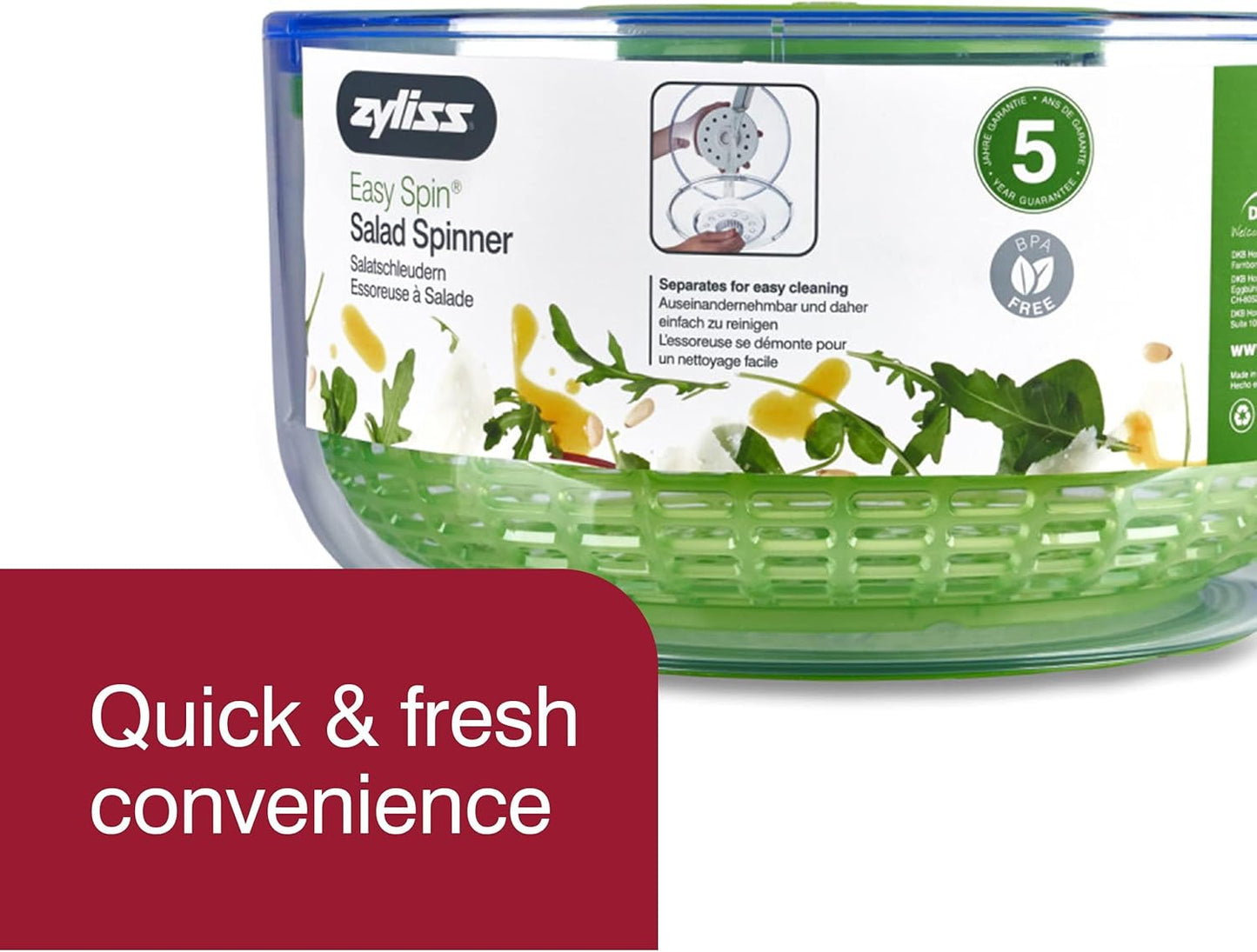ZYLISS Easy Spin Salad Spinner, Large, Green, BPA Free