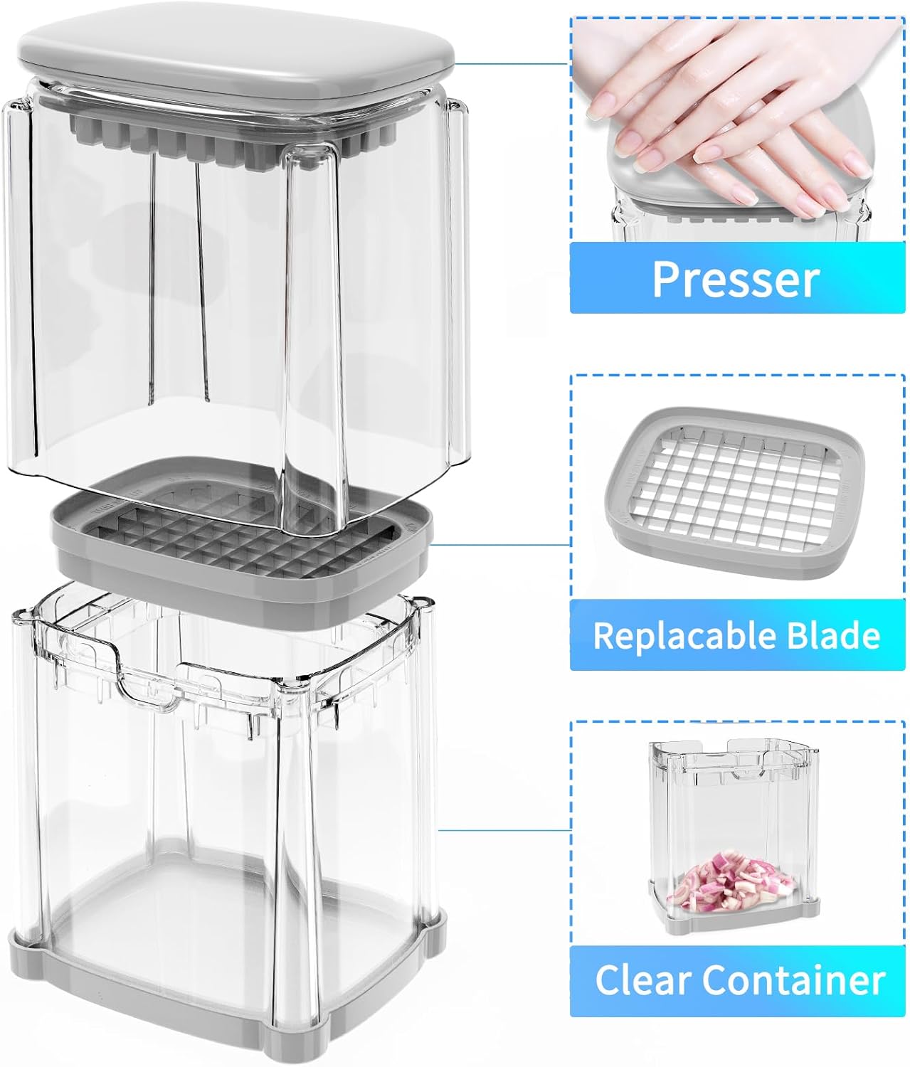 French Fry Cutter 4-in-1, Potato Cutter for Fries, Onion Dicer, Food Chopper & Apple Slicer – Manual Hand Vegetable Cutter with 4 Blades