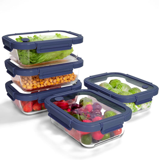 5-Pack Borosilicate Glass Containers with Tempered Lids, 35.2oz/4.4 Cup Airtight Meal Prep Set, Microwave/Freezer Safe (Blue)