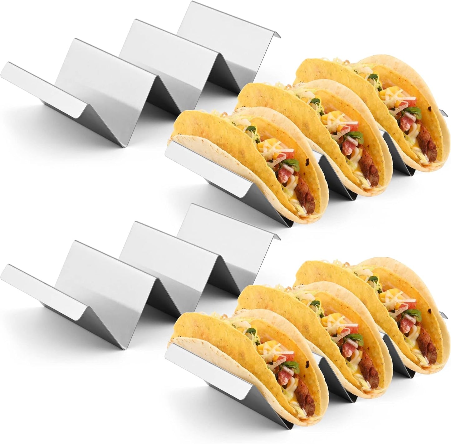 Smithcraft Taco Holder Stand, Stainless Steel Tacos Holders Tray, Oven Grill Safe Shell Holder With Handles, Fill Serve Rack Holds Up to 3 Tacos Each, Set of 4