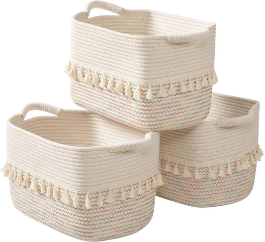 TeoKJ Woven Baskets for Storage, Set of 3 Cotton Rope Basket with Handle for Decor and Storage, Cute Baskets for Organizing in Classroom, Kitchen, Bathroom, White & Stitches Rainbow