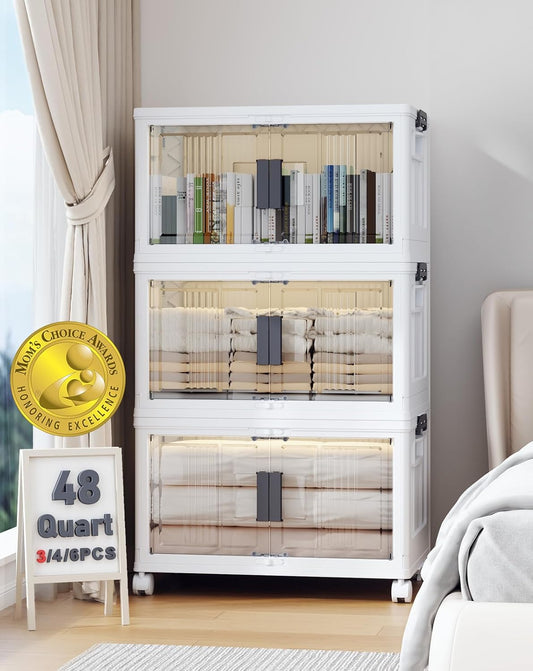 OlarHike 144QT Lockable Storage Bins with Lids - Folding Storage box with Doors and Wheels, Collapsible Plastic Bins for Closets, Stackable Organizer and Containers, Christmas Gifts, 3 Pack Cubes