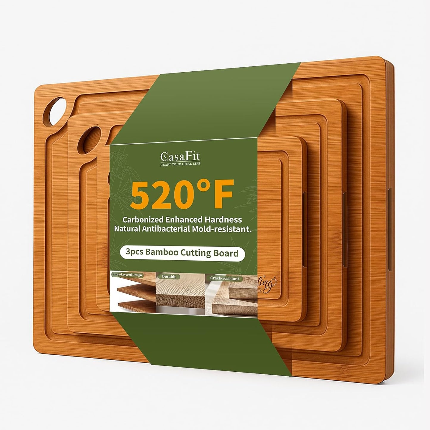 Bamboo Cutting Board 3-Piece Set with Juice Grooves – Non-Slip Wooden Chopping Boards for Kitchen & Housewarming Gfit, Multi-Size Serving Tray for Meat, Vegetables, Fruits