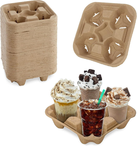 4 Cup Carrier Tray, 40Pcs Disposable Cup Carrier, Biodegradable Cup Holder, Brown Drink Carrier for Hot or Cold Drink, Coffee Shops, Restaurants, Juice Bars