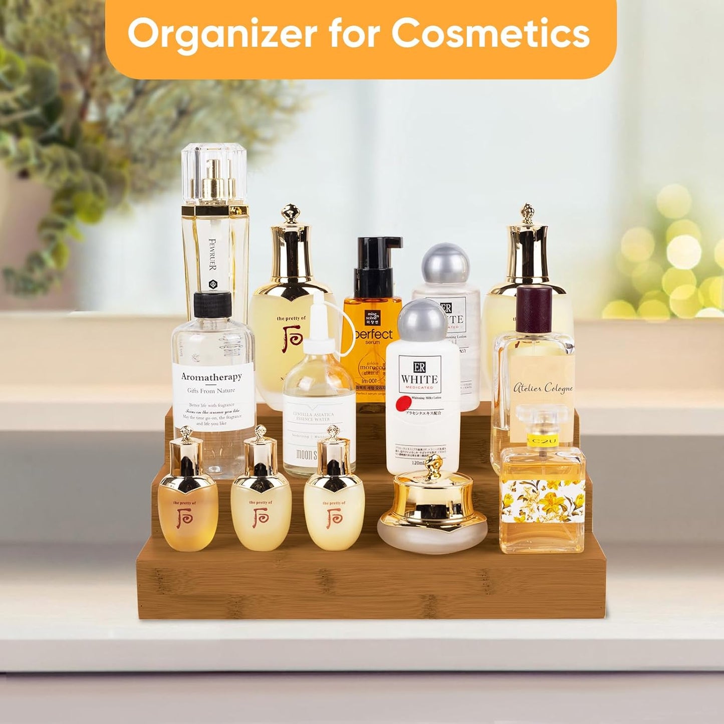 Bamboo Spice Rack Organizer for Cabinet 3 Tier Countertop Step Spice Shelf for Kitchen Storage and Organizer (Brown - 2 Pack)