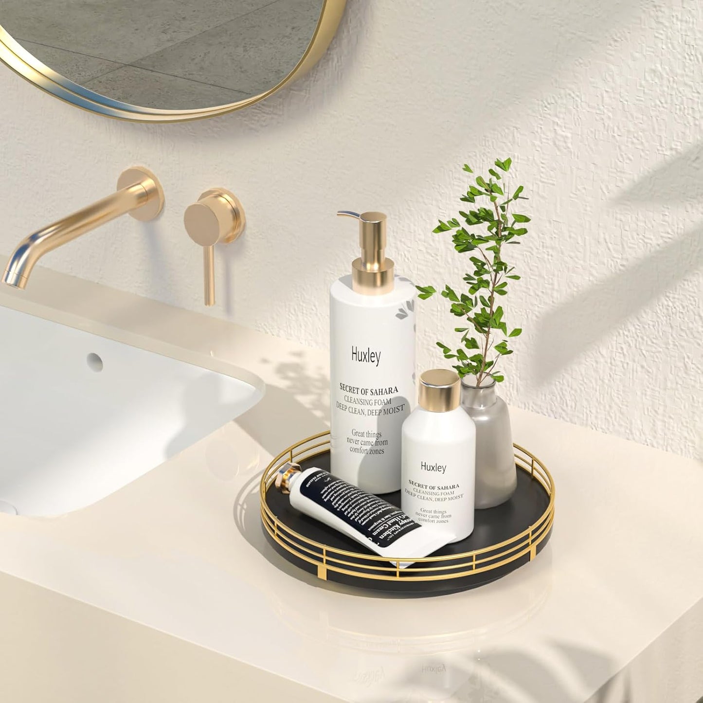 9" Oak Wood Bathroom Tray for Counter, Vanity Tray for Perfume Lotion Candle Makeup Jewelry Sink Soap Holder Turntable Dresser Organizer Countertop Coffee Table Decor Organization and Storage Gold