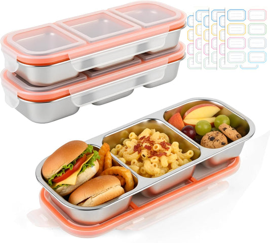 2 Pack Stainless Steel Snack Containers, 3 Compartment Snack boxes, Reusable Snack Containers with Lids for Adults - Leakproof Divided Metal Food Storage Bento Lunch Box for Work, Office, Travel