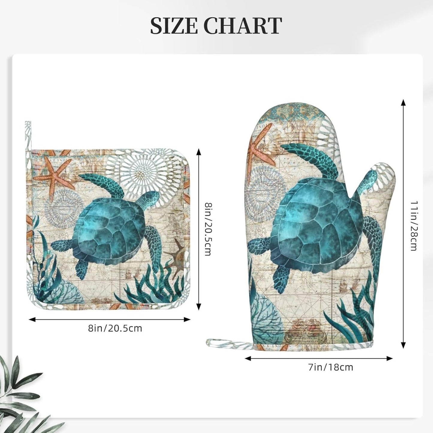 Sea Turtle Ocean Animal Landscape Oven Mitts and Pot Holders Sets Silicone Sea Turtle Kitchen Mitts Potholders Heat Resistant 4Pcs Oven Gloves Hot Pads for Kitchen Grilling