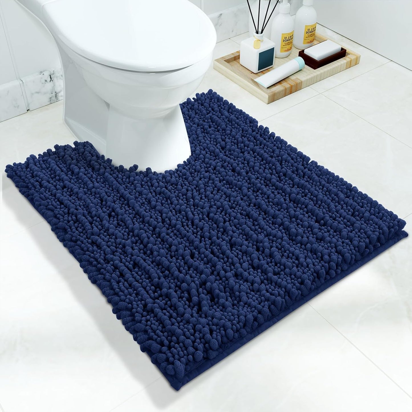 Yimobra Toilet Rug U Shaped Washable 24x20 Inch - Ultra Soft Absorbent Chenille Bath Rugs for Toilet, Quick Dry & Machine Washable, Non Slip Contour Bathroom Mat, Navy Blue