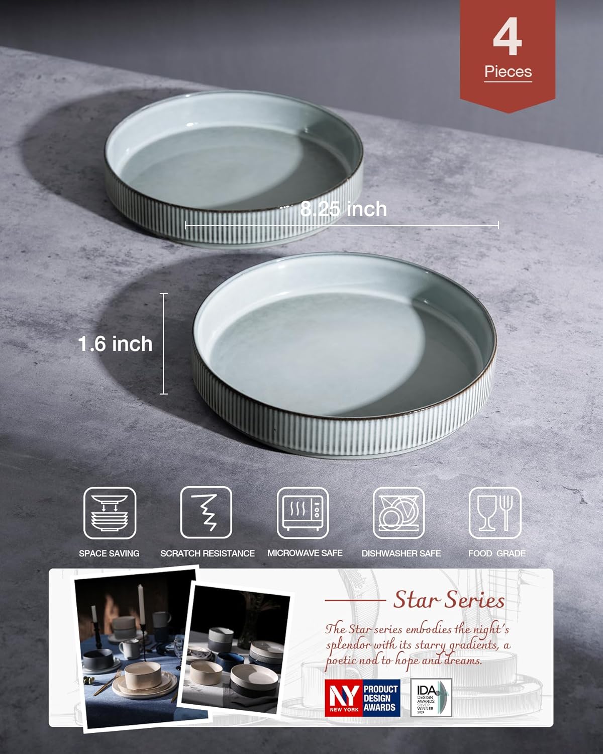 famiware Star 7.5" Pasta Bowls Set, Salad Bowl Set of 4, Double Reactive Glaze, Stackable, Ideal for Your Friend for Housewarming, Festivals, Smoky Blue