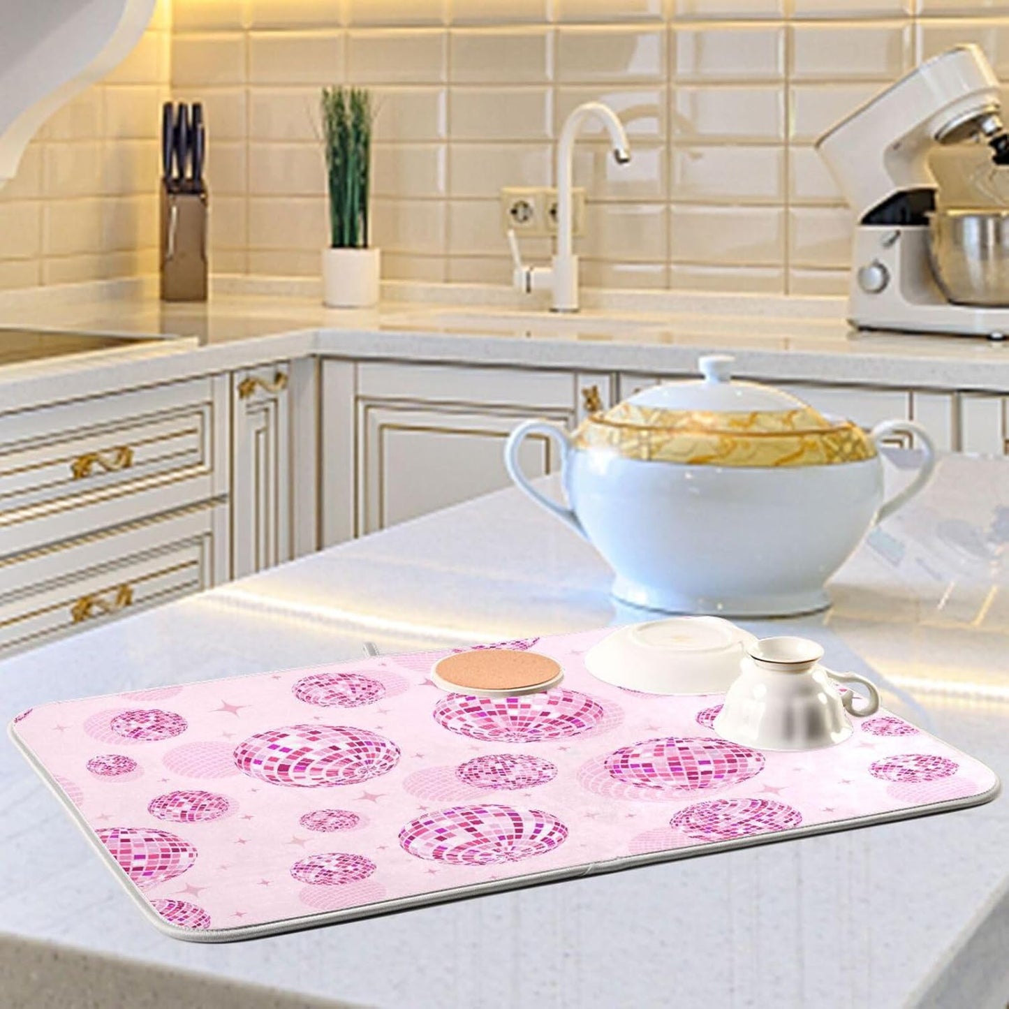 Disco Balls Pink Dish Drying Mat for Kitchen Counter Absorbent Microfiber Drying Pad, Medium 16x18 in, Reversible Drainer Mats